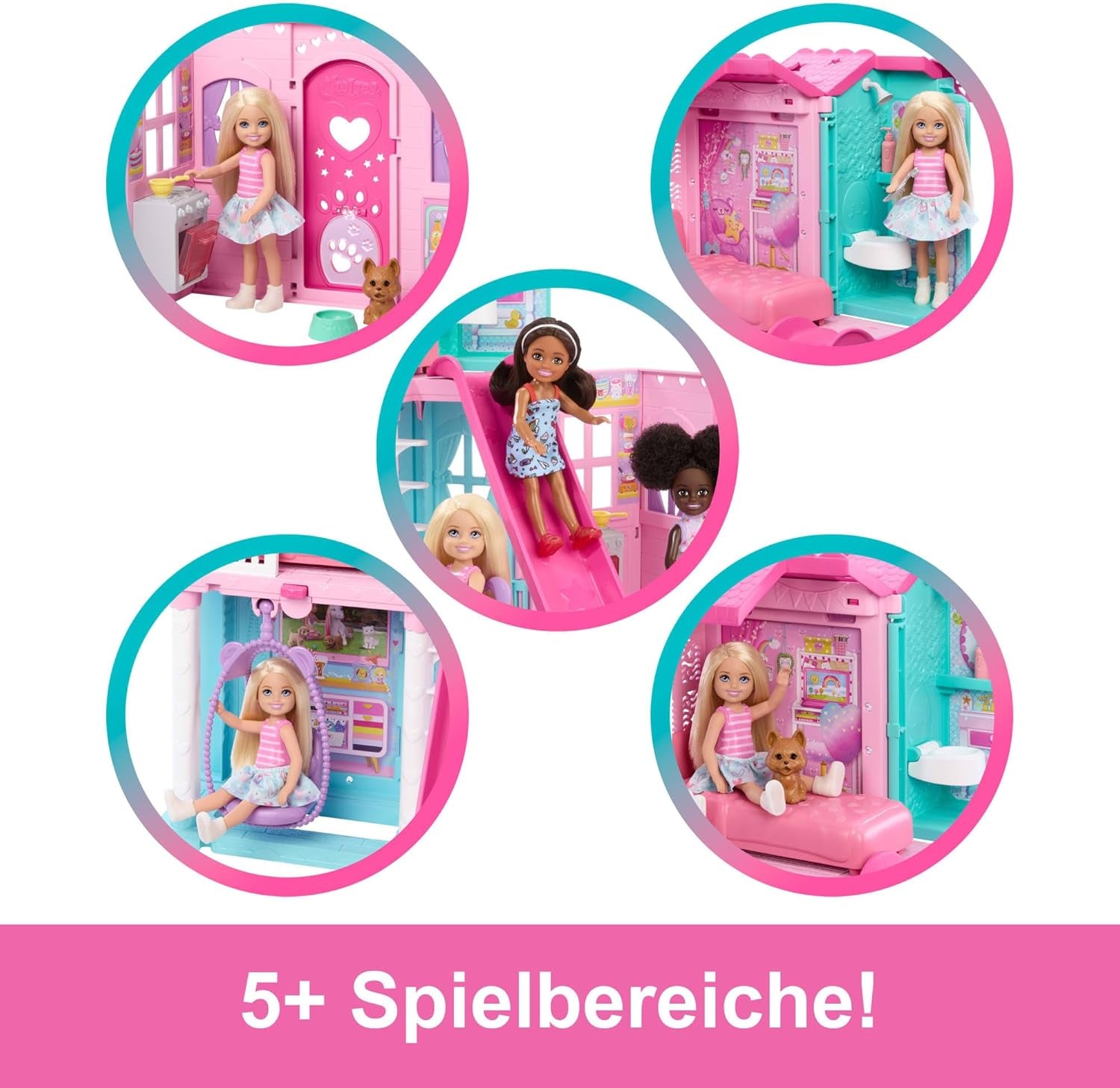 Maison de poupée Barbie Chelsea avec plus de 15 accessoires, maison pop-up s'étendant jusqu'à plus de 42 x 33 cm avec 5 aires de jeu et un toboggan, avec une petite poupée et un chien, JFW49