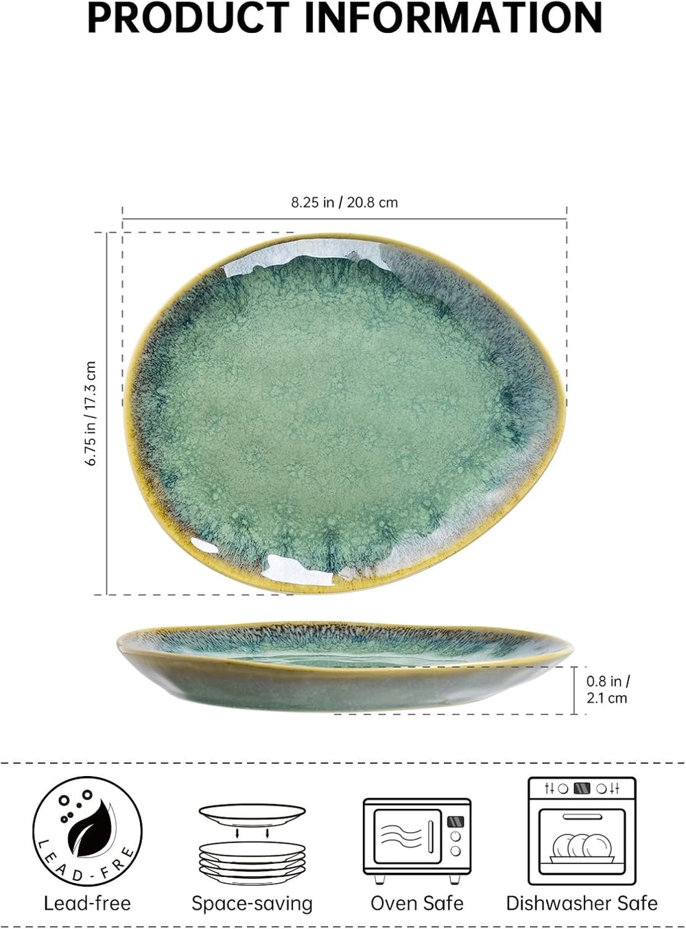 Henten Home Assiettes spéciales en grès, bols à snack et à sauce - 20x17cm pour 4 personnes, assiettes petit-déjeuner en porcelaine - design vert moderne