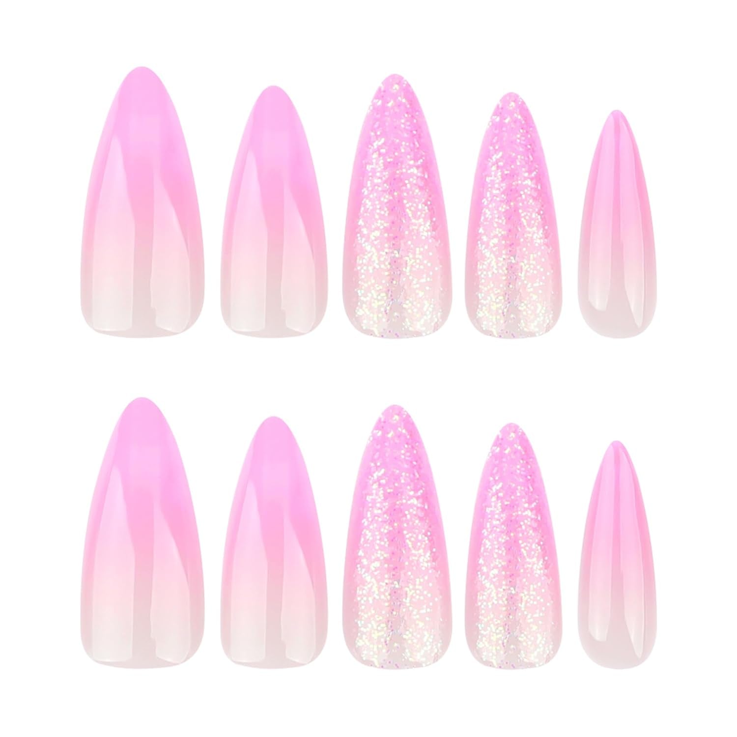 Mouyouglow Unghii lungi, Stiletto, alb lăptos, gradient roz, sclipici, cool, unghii false cu lipici, unghii artificiale roz Ombre sclipici