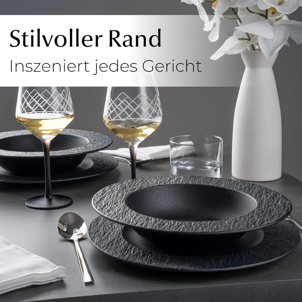 MIAMIO - Lot de 4 assiettes à pâtes de 26 cm de grande profondeur, vaisselle moderne en céramique noire et blanche, passe au micro-ondes et au lave-vaisselle – Collection Oasis (Noir)