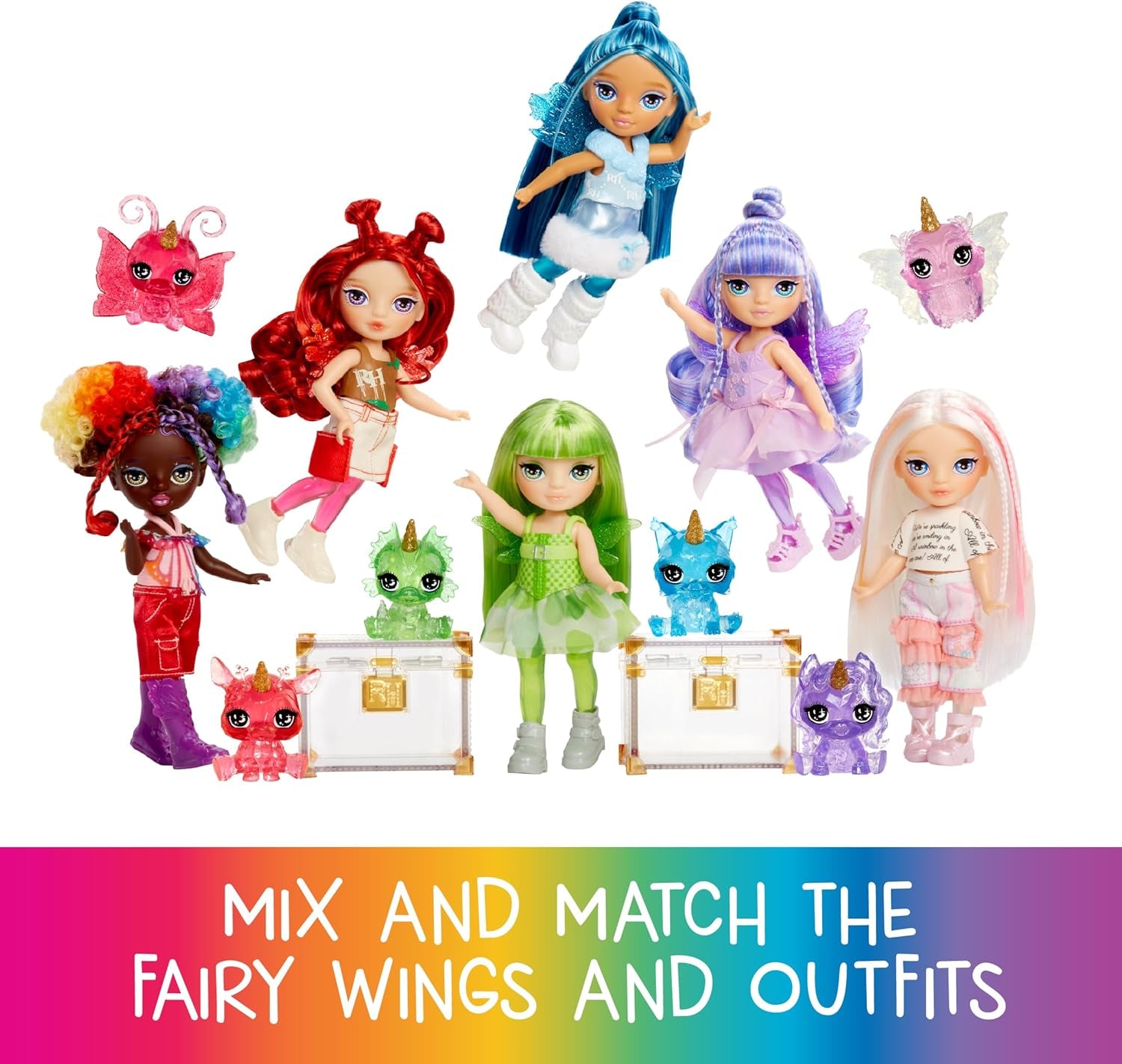Rainbow High Littles Rainbow Fantasy Fairy and Pet - Émeraude, Vert - Petite poupée de dragon fantastique articulée de 14 cm avec ailes de fée interchangeables, joli cadeau pour les enfants à partir de 4 ans