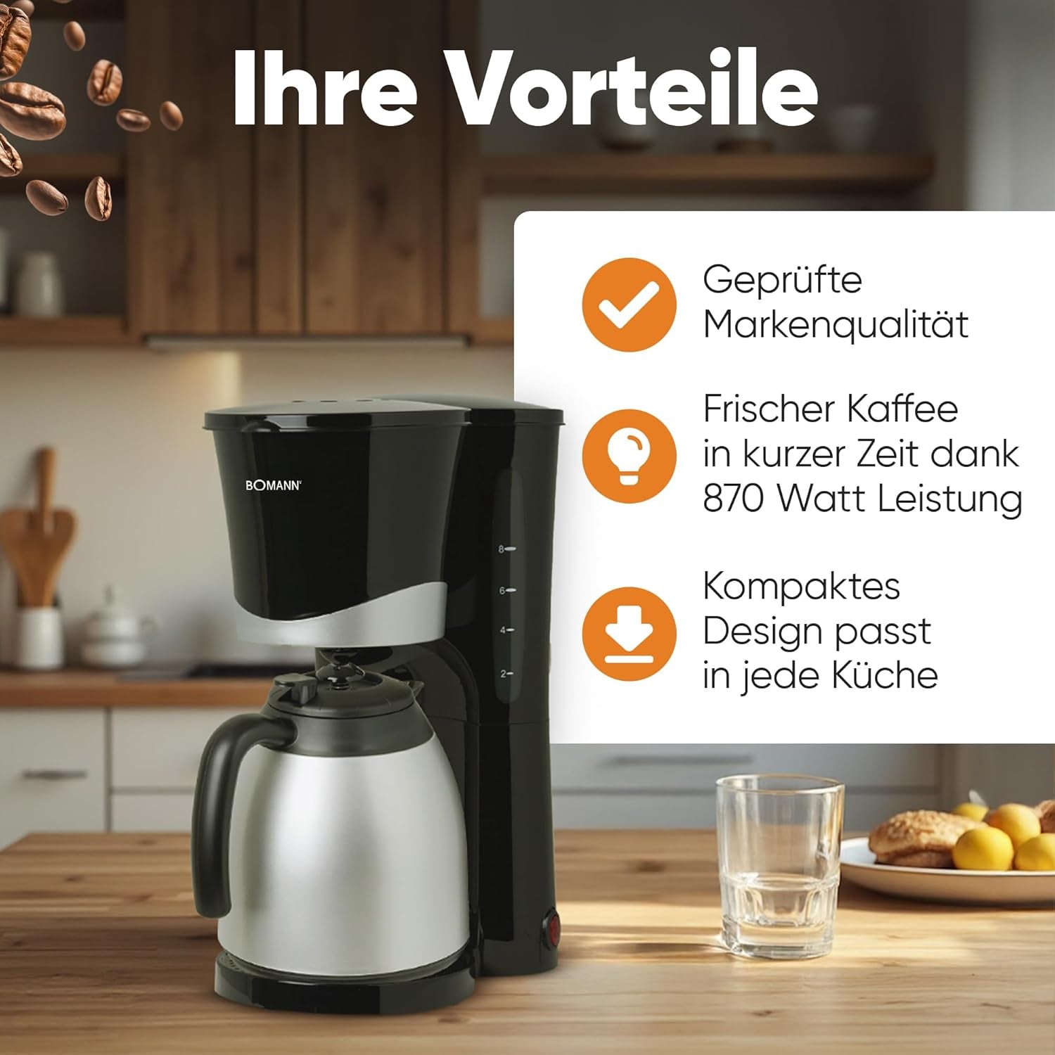 Cafetière Bomann® avec thermos | pour 8 à 10 tasses de café | sans perte de température | cafetière avec filtre | 1 litre | Expresso | Cafetière filtre avec thermos | KA168 noir