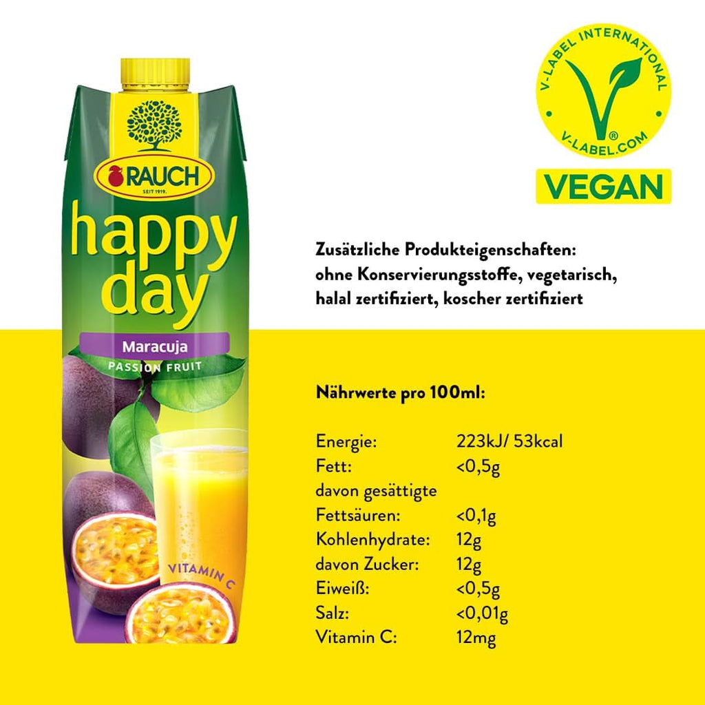 Rauch Happy Day Maracuja | Cu o mulțime de vitamina C | Magie exotică și aromă intensă | 6X 1 litru, Tetra Prisma Bauturi fara alcool Naty Shop