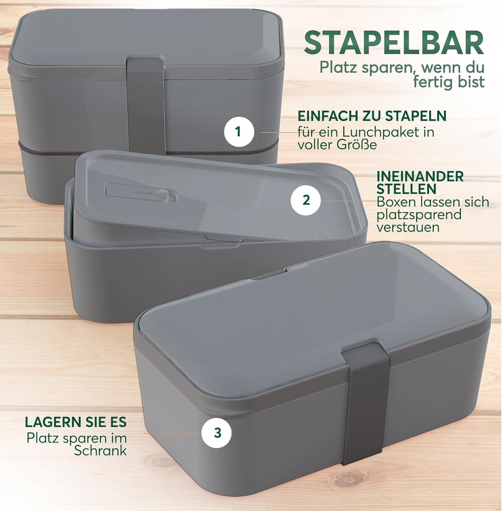 Boîte à lunch Umami pour adultes, boîte à bento empilable avec 4 couverts et compartiments, boîte à lunch adulte, récipient à salade à emporter, boîte à lunch pique-nique/bureau, gris anthracite, boîtes de conservation des aliments 1500 ml Naty Shop