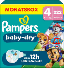 Couches Pampers Baby-Dry Puppy Patrol Edition, taille 4, 222 couches, 9 kg - 14 kg, protection contre les fuites jusqu'à 100 % et confort toute la nuit