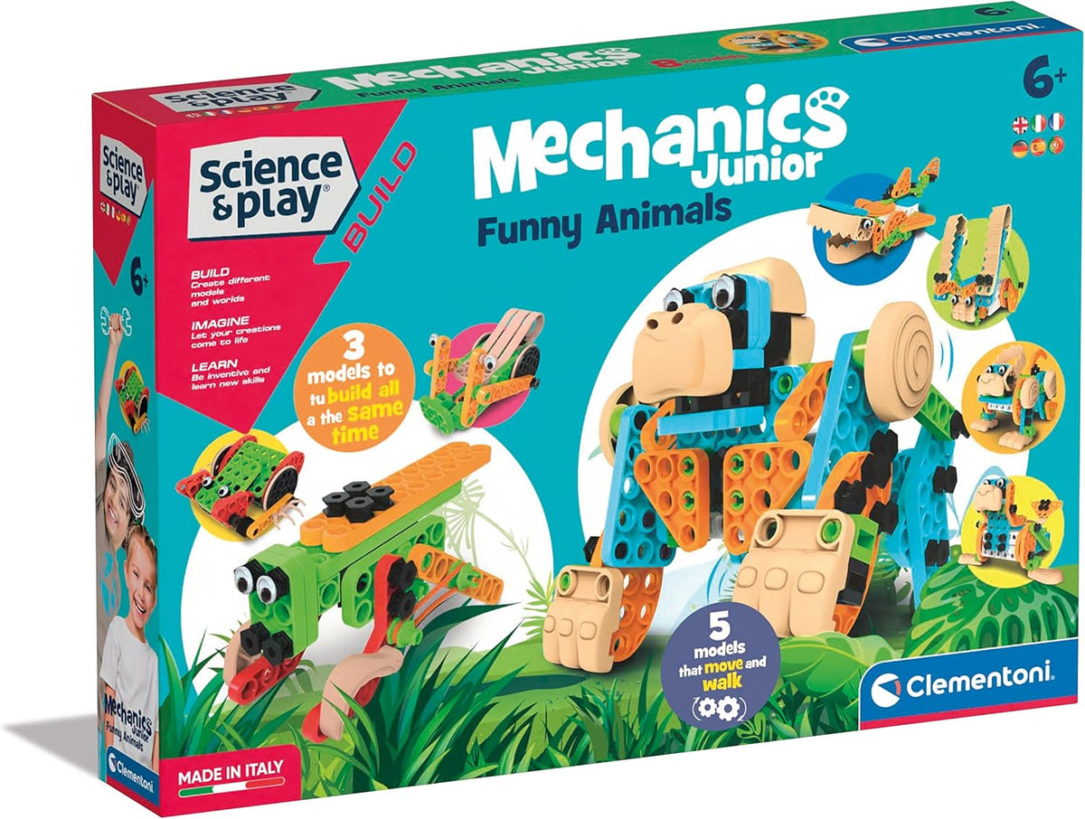 Clementoni 97860 Science & Play Build – Mechanics Junior Lustige Tiere, Bausatz for 8 Tiermodelle, Motorbetriebenes Konstruktionspielzeug for Kinder ab 6 ans Amazon Exclusive