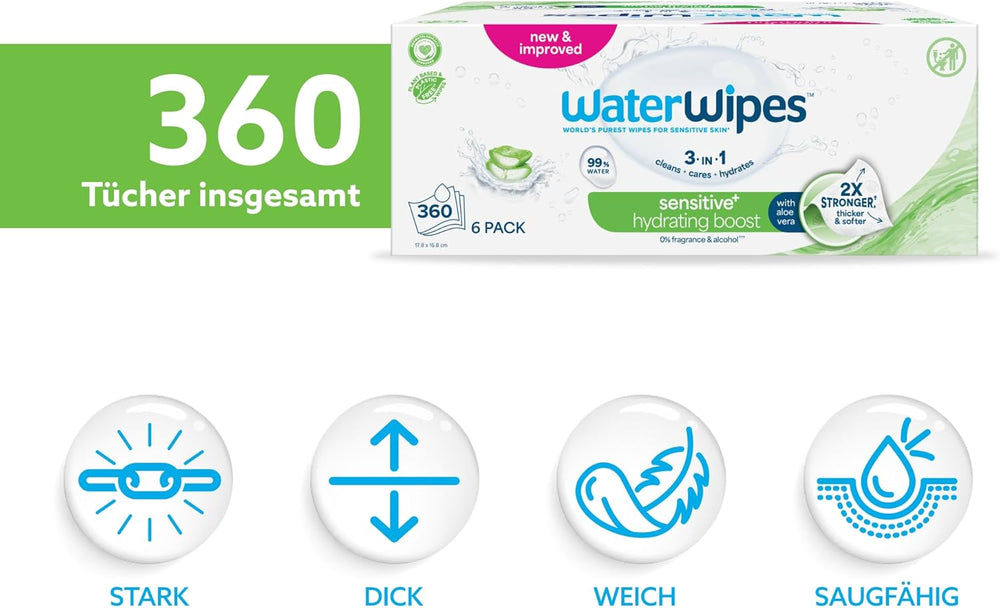 Lingettes humides WaterWipes Sensitive+ Hydrating Boost, lingettes hydratantes, 360 pièces (paquet de 6), nettoyage 3 en 1, soin, hydratation, 99 % d'eau d'aloe vera, lingettes pour bébé non parfumées