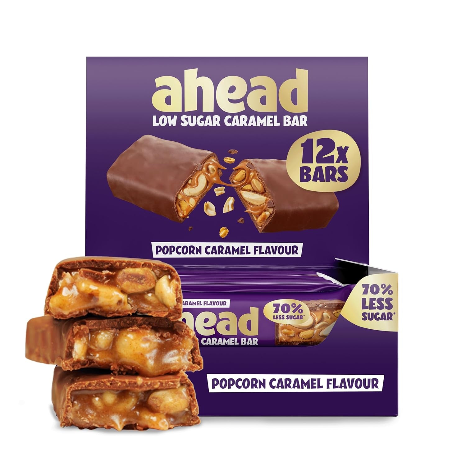 Barres de chocolat au caramel et aux noisettes à venir | 12 tablettes de chocolat x 35 g sans sucre ajouté | 1,9 g de sucre par barre | Goût croquant de noisette et de caramel | Bonbons à faible teneur en glucides | Pas d'huile de palme