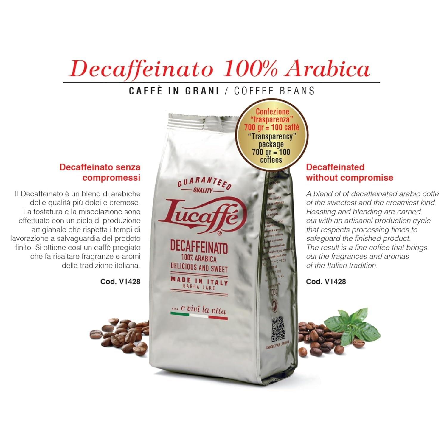 Lucaffè - Entkoffeinierte Kaffeebohnen Decaffeinato, 700 Gr | Machines à café pour machines à expresso sans caféine | Röstung foncé | Gesmack sucré et fruité, crémeux | Arômes Intensifs