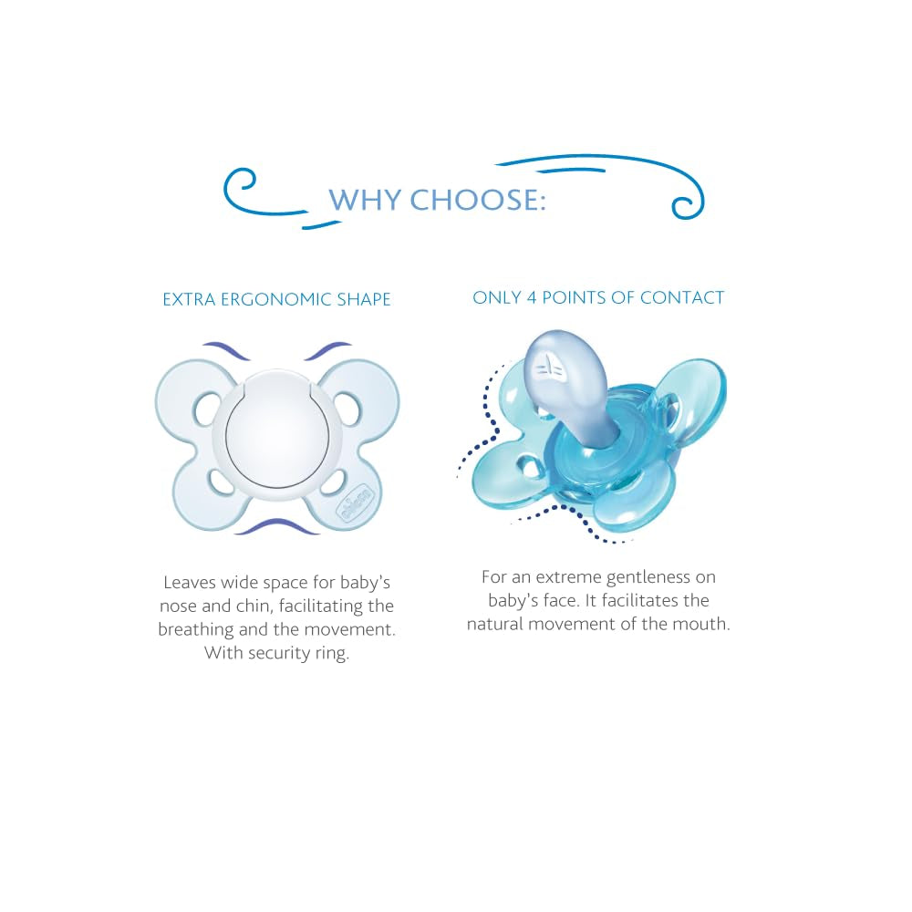 Chicco PhysioForma Comfort Sucette 6-16 mois, 1 pièce, Sucette avec tétine en silicone, soutient la respiration physiologique et favorise le développement buccal correct, Bleu