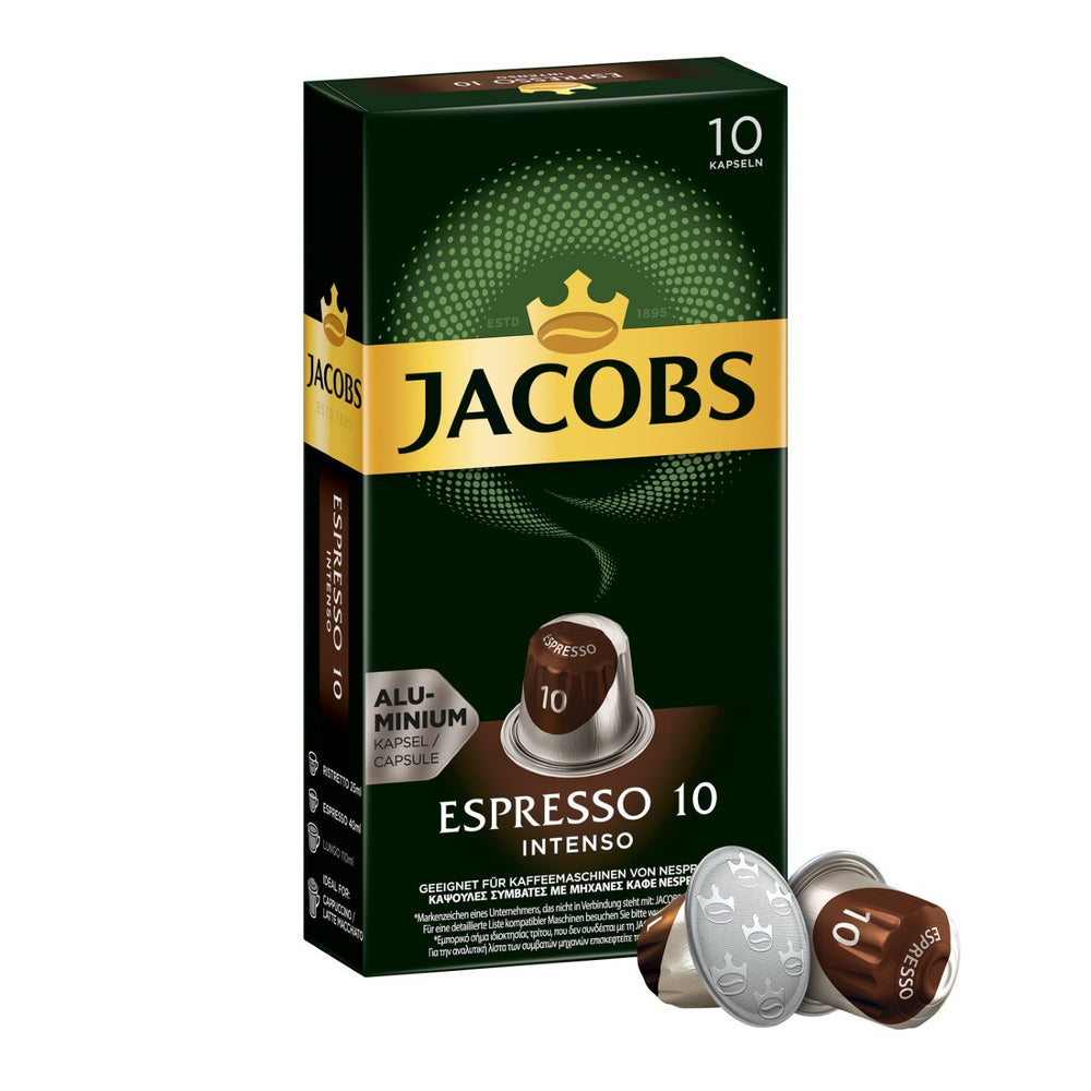 Jacobs Kapseln Lungo Intenso, Intensität 8 & Kapseln Espresso Intenso, Intensität 10,100 Nespresso®* compatible Kaffeekapseln, 10er Pack, 10 x 10 Getränke