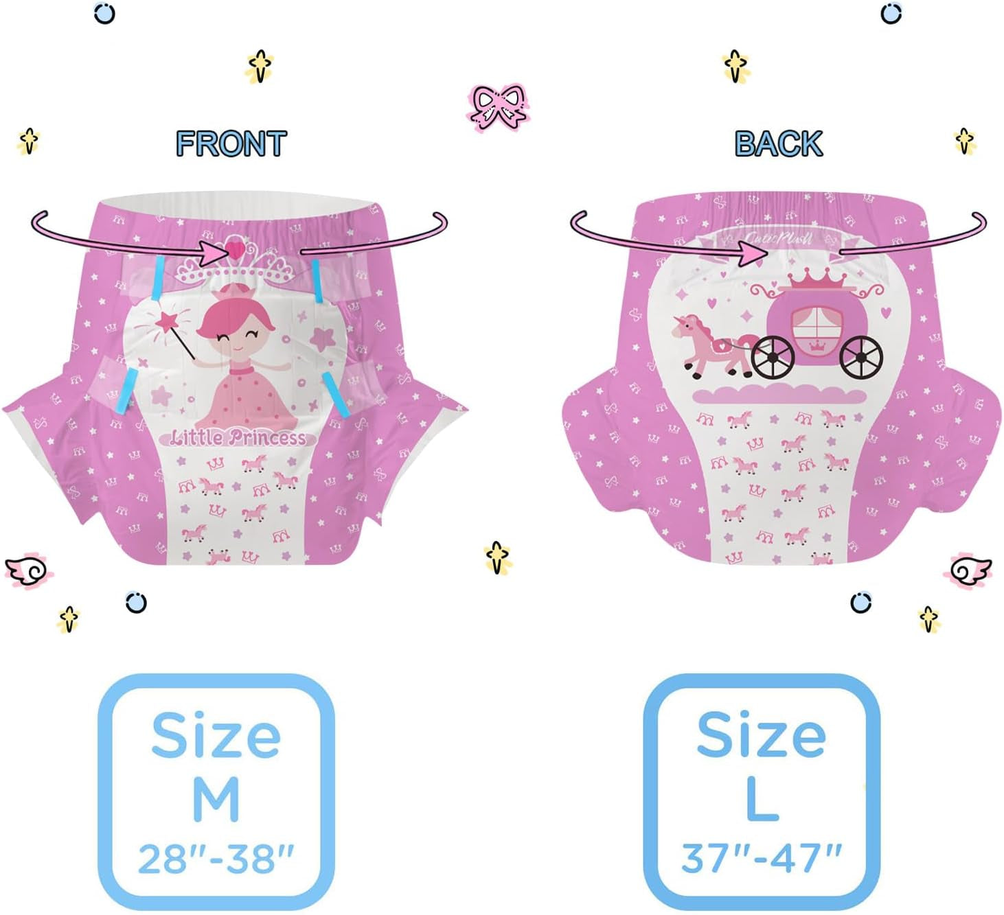 CutiePlusU Couches pour adultes, 10 pièces, culottes jetables pour incontinence avec drap pour femmes et hommes, absorption maximale pendant la nuit – Petite princesse (grande taille 94-119 cm)