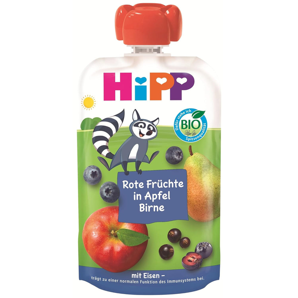 HiPP Bio Quetschie Frucht Plus Rote Früchte in Apfel Birne plus Eisen - Willi Waschbär (8 x 100g), à partir de 1 an, 100% purée de fruits, sans sucre ajouté, végétalien, dans la meilleure qualité biologique