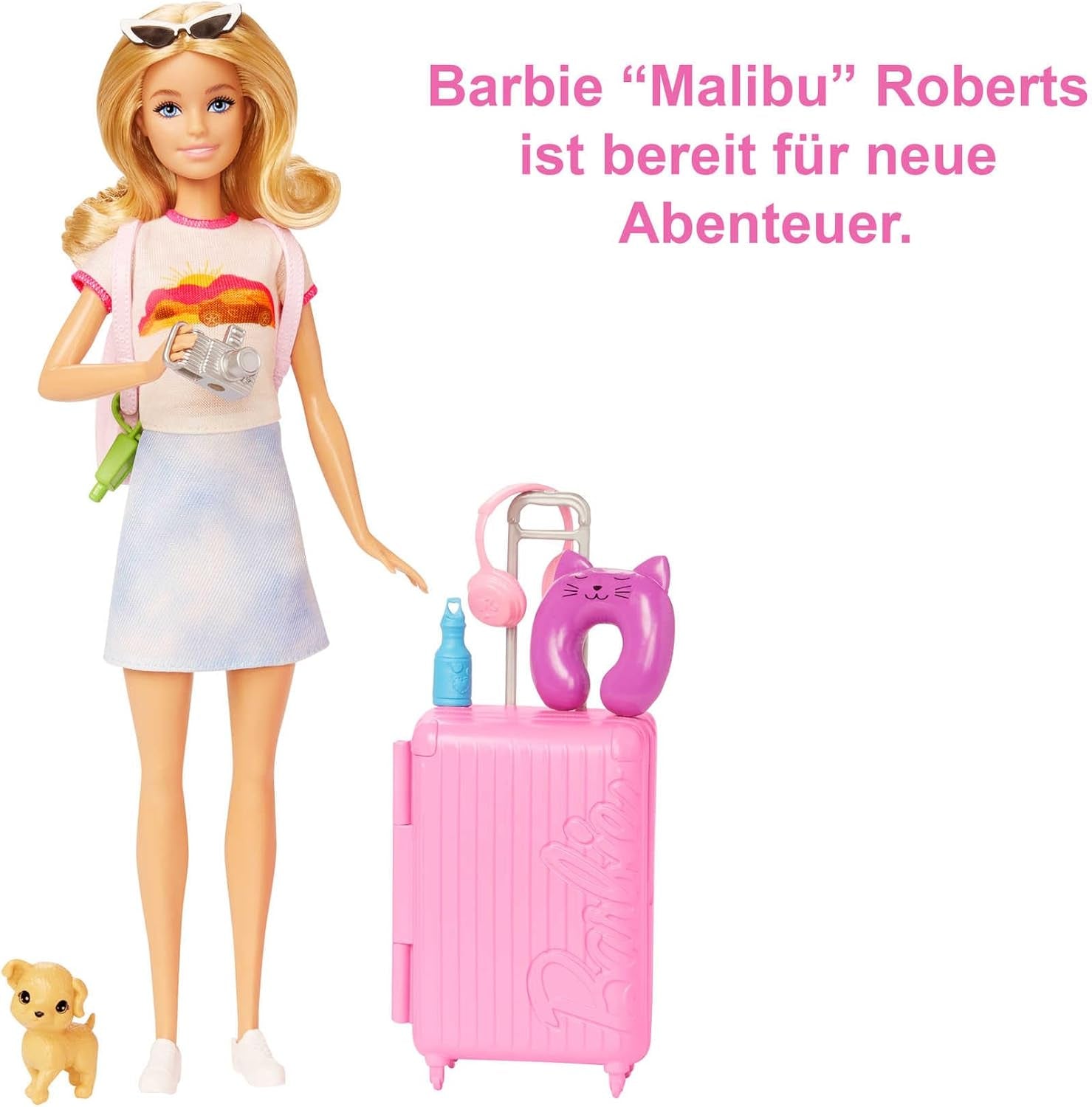 Păpușă Barbie, Travel Barbie cu păr blond, 10+ accesorii de călătorie, autocolante, valiză, cățeluș, incl. 1 păpușă, cadou pentru copii, jucărie de la 3 ani,Hjy18 Papusi Naty Shop