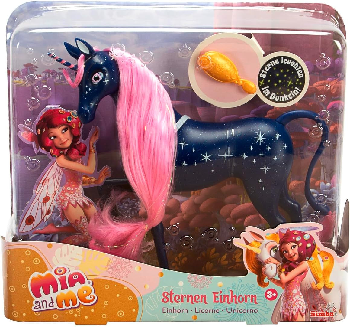 Simba 109483043 - Mia and Me 25cm Sternen Einhorn, Unicorn, Spielpferd mit Sternen am Körper, die im Dunkeln leuchten und Einer Bürste zum Frisieren der Haare, ab 3 Jahren