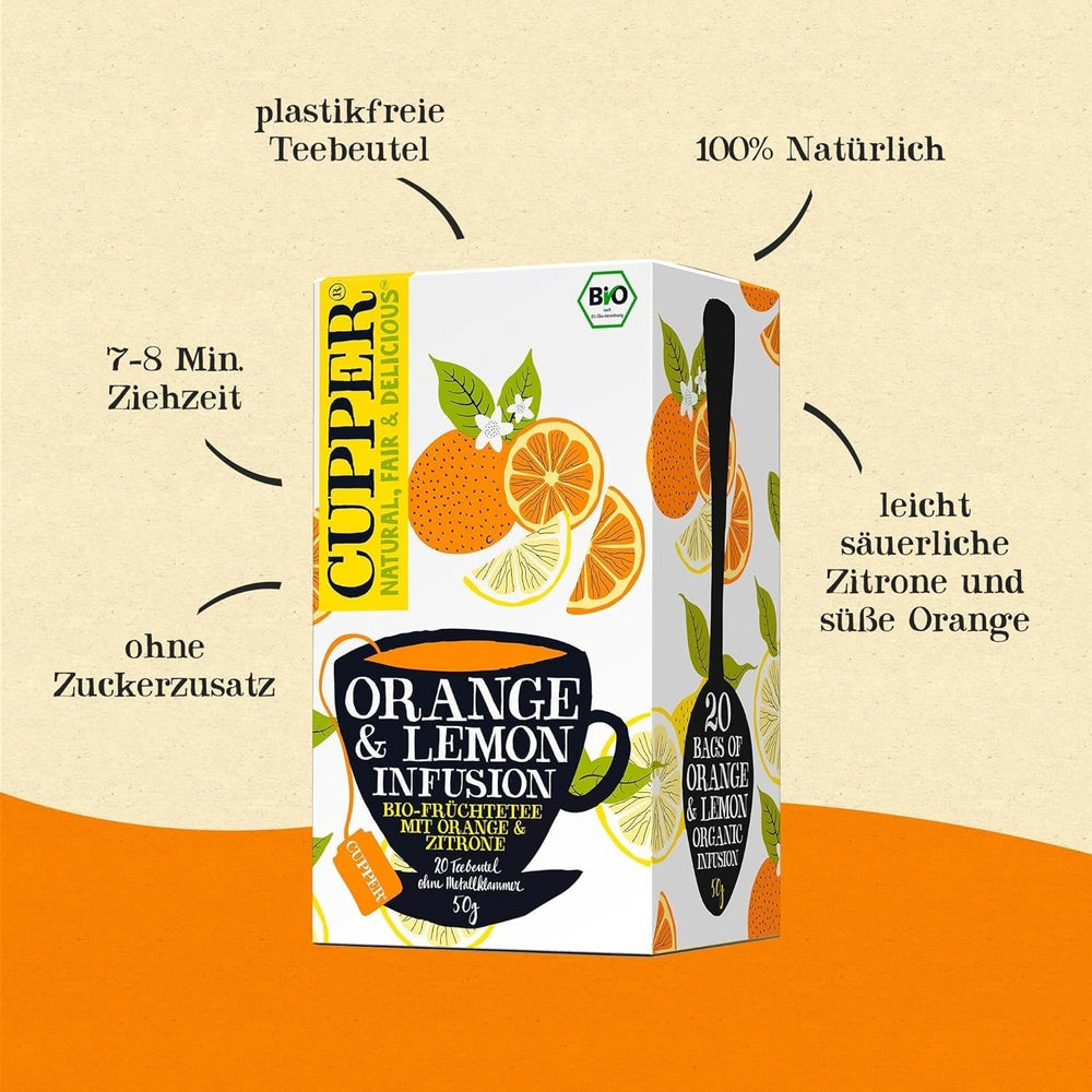 CUPPER Ceai de fructe bio „Orange & Lemon Infusion”, 20 pliculețe de ceai nealbite, ecologic, comerț echitabil