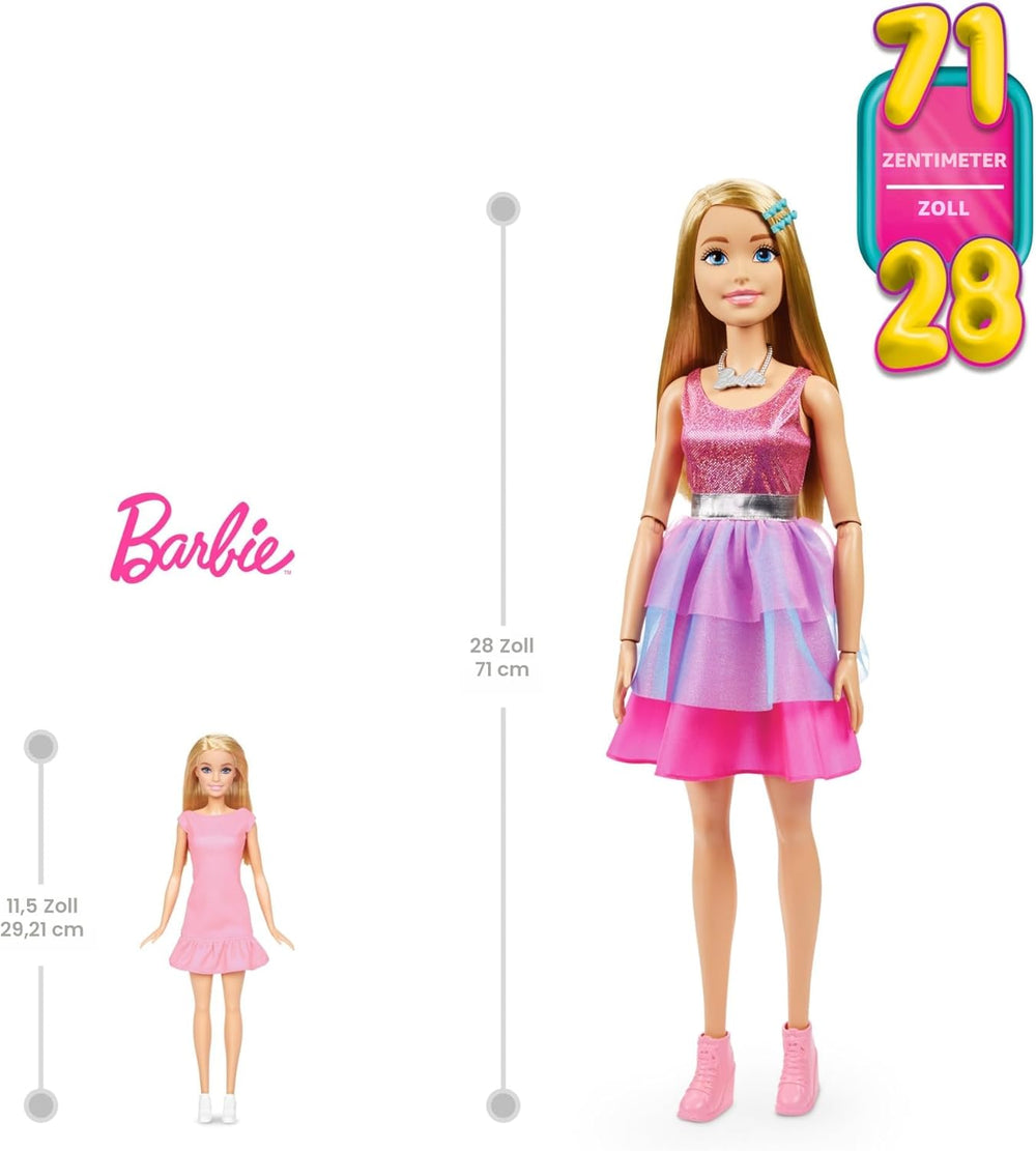 Poupée Barbie Extra Large (71 cm) – Robe rose, cheveux blonds avec pince et collier, cadeau à partir de 3 ans, HJY02