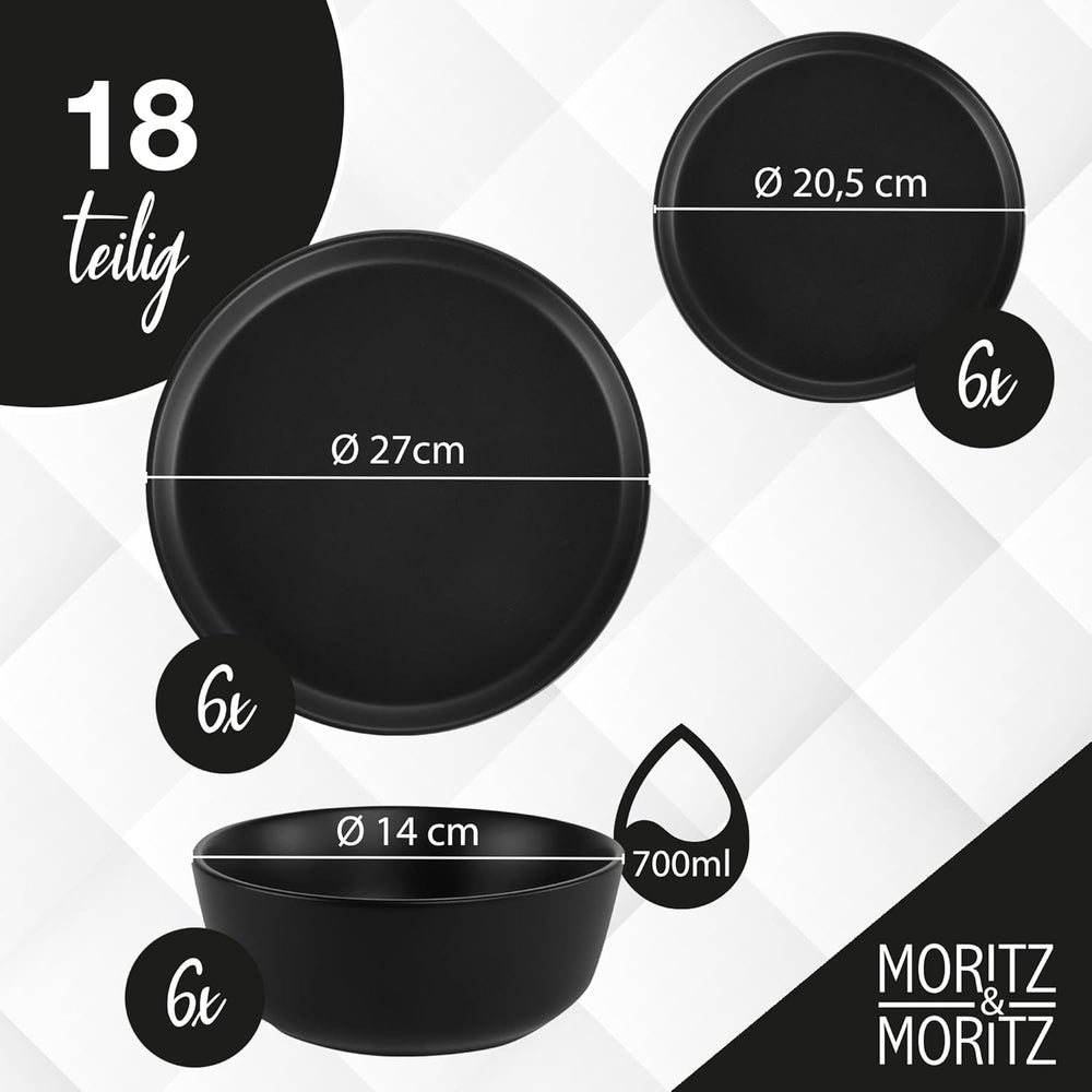 Moritz & Moritz Service de table NORDIC pour 6 personnes – Service de table 18 pièces en grès noir – Design scandinave – Service de table robuste pour 6 personnes pour un usage quotidien et les invités – Service de table combiné