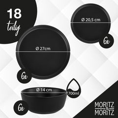 Moritz & Moritz Service de table NORDIC pour 6 personnes – Service de table 18 pièces en grès noir – Design scandinave – Service de table robuste pour 6 personnes pour un usage quotidien et les invités – Service de table combiné
