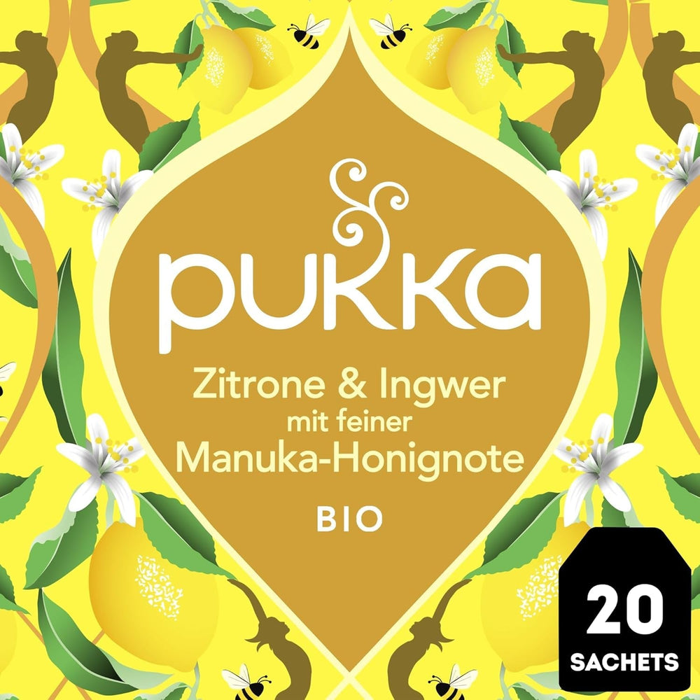 Pukka | Amestec de ceaiuri aromatizate bio „Lămâie și ghimbir cu o notă fină de miere de Manuka” | Încălzește-te și relaxează-te cu acest ceai | Pachet de 1 | 20 pliculețe de ceai