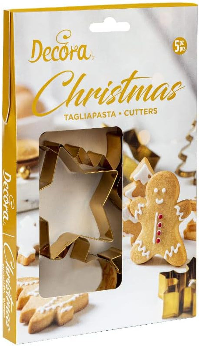 0255410 Emporte-pièces de Noël, en acier doré et plastique, le set idéal pour les décorations en pâte à sucre ou en gumpaste, Made in Italy, design original. Paquet de 5.