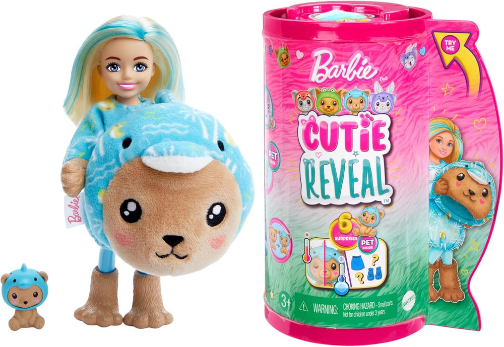 BARBIE Cutie Reveal Doll - păpușă Chelsea cu 6 surprize și distracție cu schimbarea culorilor, iepuraș în costum de pluș Koala, jachetă din fleece cu model la modă, pentru copii de la 3 ani, HRK31 Papusi Naty Shop Teddy/Dolfin