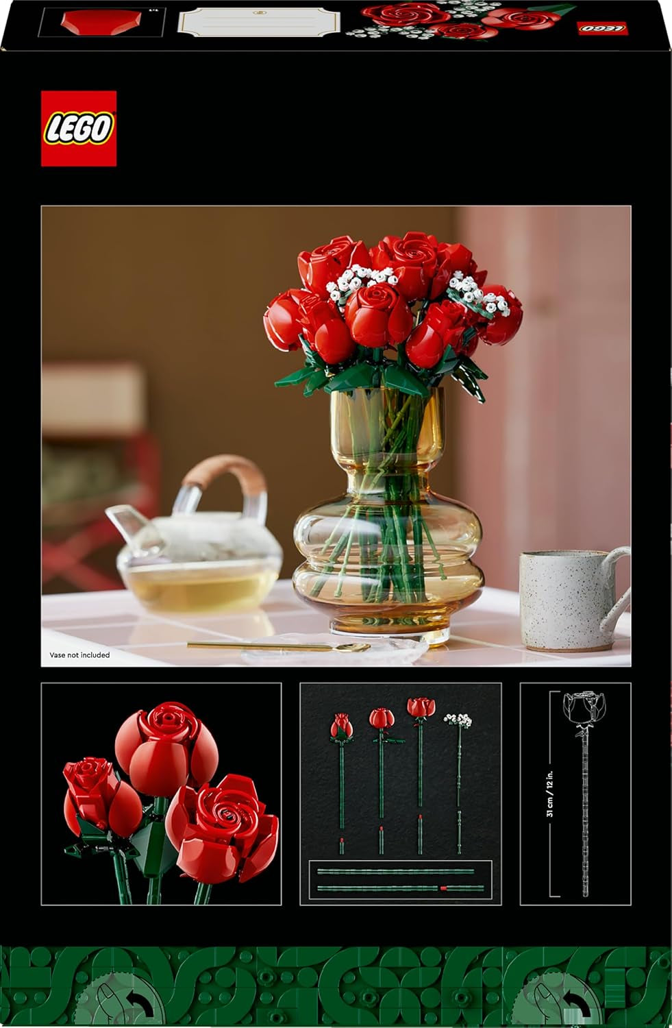 LEGO Botanicals Rosenstrauß - Set aus Kunstblumen für Erwachsene - mit 12 künstlichen Rosen & 4 Zweigen Schleierkraut - DIY Deko zum Bauen - Geschenkidee zum Muttertag - 10328