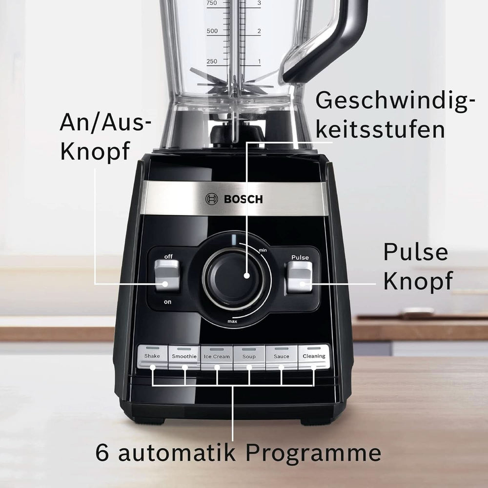 Bosch Batteur sur socle Vitaboost MMBH6P6BDE, 6-Klingen-Edelstahlmesser, 2.5L Tritan-Mixbehälter, Stopfer, 6 Automatikprogramme, Rezeptbuch, Bpa-Frei, Einfache Reinigung, 45 000 U/Min, 1600 W, Schwarz Bucatarie Naty Shop