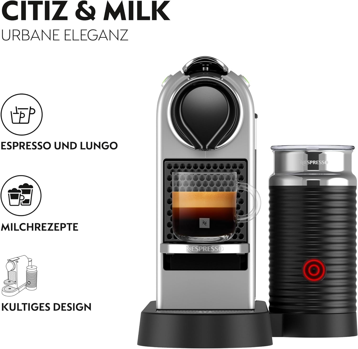 Machine à expresso avec capsules Nespresso XN761B Citiz&Milk | Mode veille automatique | 1260 watts | Capacité du réservoir d'eau : 1 l | Pression de la pompe : 19 bars | Argent