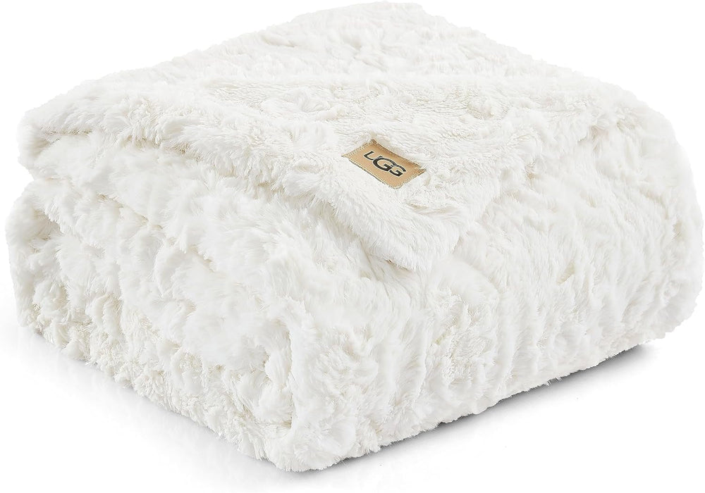 UGG Adalee 10483 Couverture douce en fausse fourrure, réversible, luxueuse, confortable, moelleuse, moelleuse, style hôtel, bohème, décoration de la maison, couvertures douces, luxueuses et confortables pour canapé, 178 x 127 cm, lits et couvertures UGG ivoire