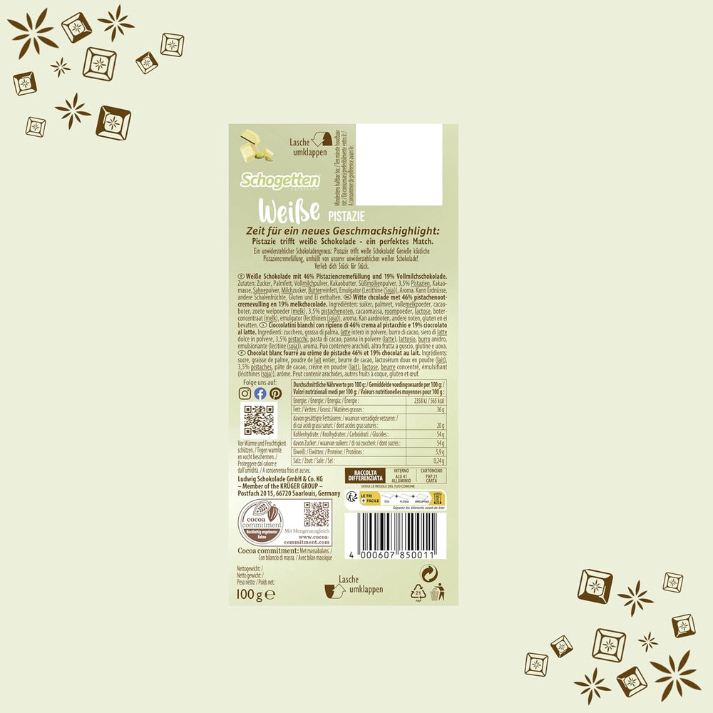 Schogetten Pistache Blanche | Chocolat blanc fourré à la crème de pistache | 100g | Idéalement portionné (paquet de 3)
