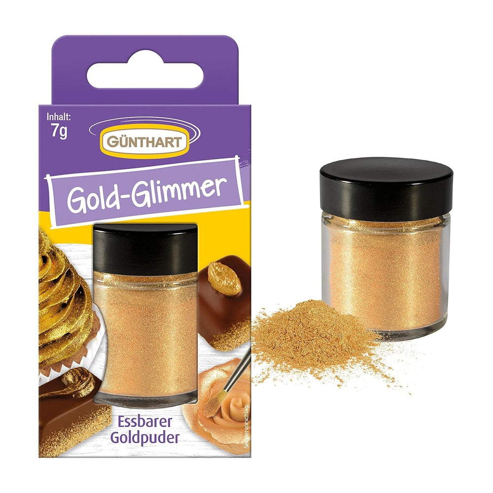 Günthart Backdecor Poudre d'or – Paillettes comestibles, poudre colorante alimentaire, paillettes pour boissons – Petites paillettes avec poussière d'or pour les amateurs de pâtisserie, 1 paquet (1 x 7 g)