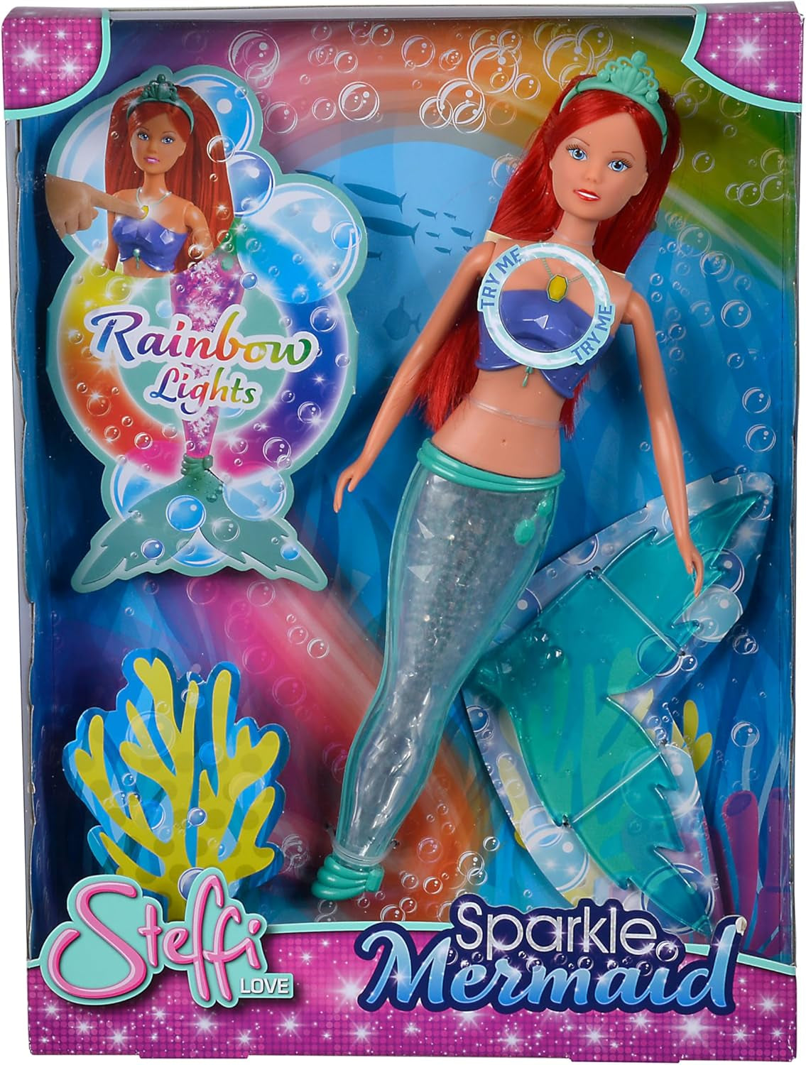 Simba 105733656 - Poupée Sirène Étincelante Steffi Love (39 cm) - Jouet imperméable arc-en-ciel lumineux à couleur changeante pour enfants de 3 ans et plus