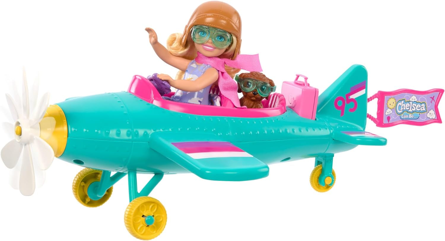 Chelsea Barbie Doll Airplane and Playset – Poupée pilote, avion, chiot et accessoires pour l'heure du conte, roues tournantes et hélices de fleurs, à partir de 3 ans, HTK38