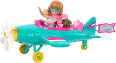 Chelsea Barbie Doll Airplane and Playset – Poupée pilote, avion, chiot et accessoires pour l'heure du conte, roues tournantes et hélices de fleurs, à partir de 3 ans, HTK38