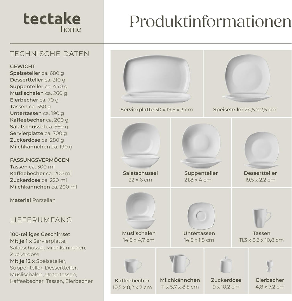 Service de table tectake® pour 12 personnes, service de table en porcelaine de 100 pièces, comprenant 12 assiettes, 12 assiettes à dessert, 12 assiettes plates, 12 tasses, 12 bols à céréales, un saladier, un pot à lait, un sucrier