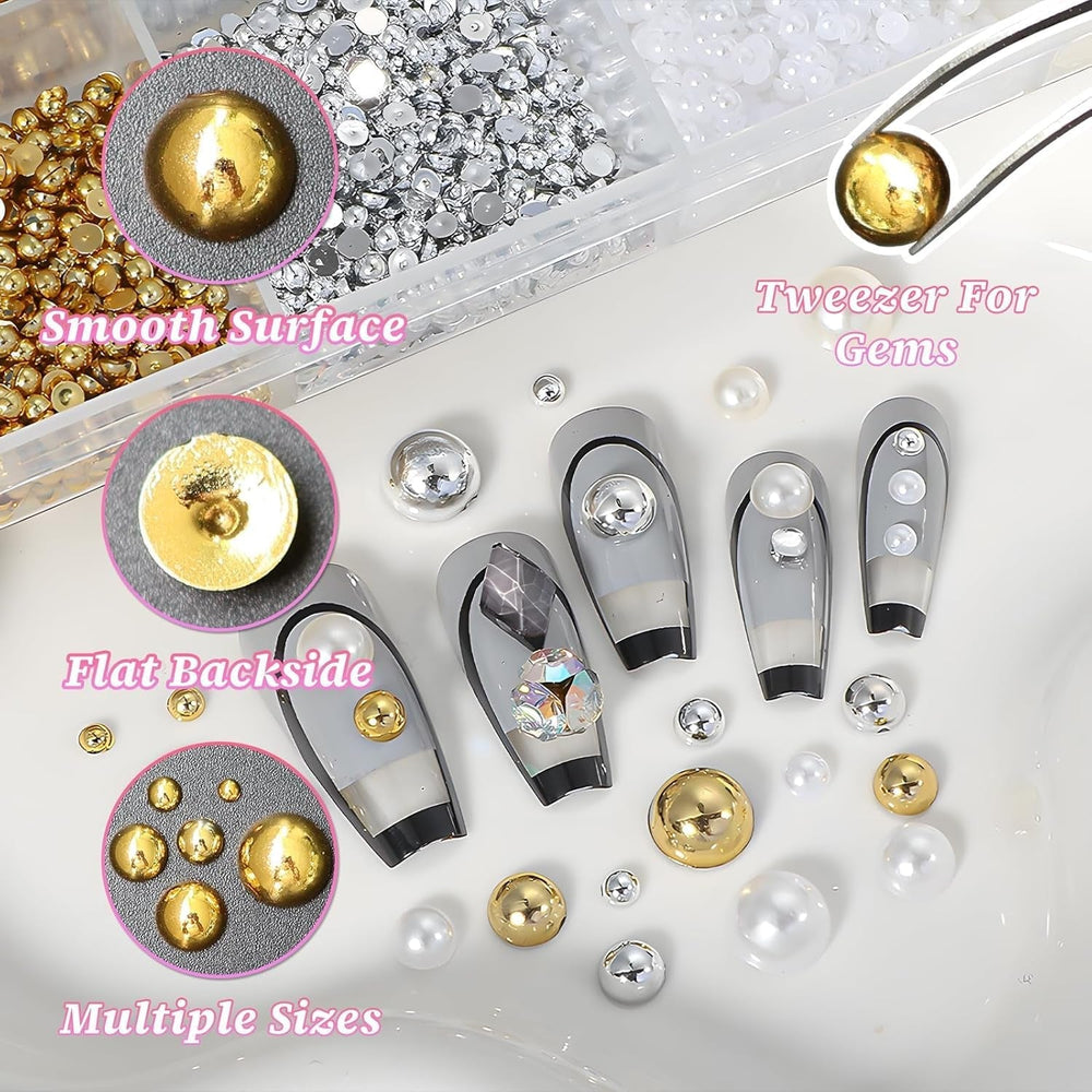 GZMAYUEN 920 pièces perles à dos plat or argent pour ongles, perles à ongles demi-brun blanc beige, petites perles à dos plat demi-brun pour décoration d'art d'ongle bricolage