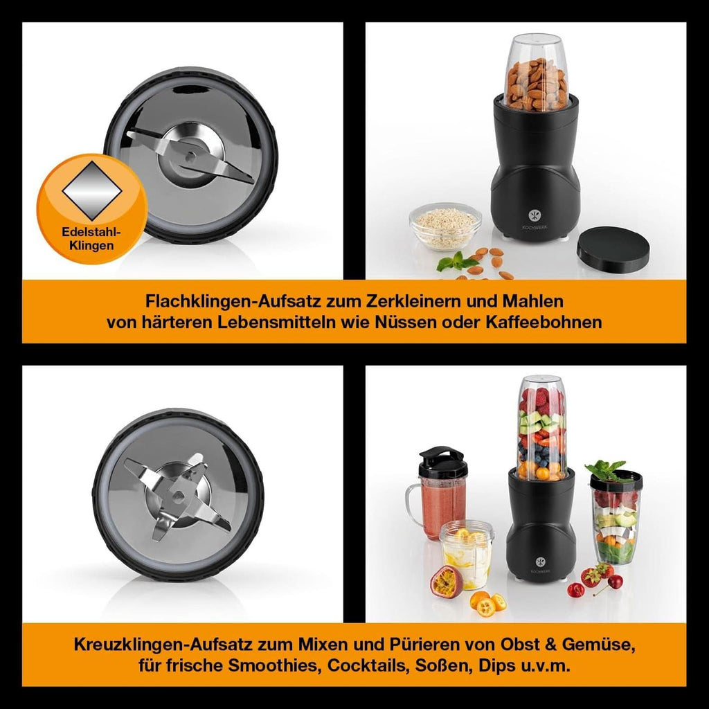 Smoothie Maker 12-Tlg | To-Go Deckel & 4 Mixbehälter | Für Obst, Gemüse & Nüsse | Mit Ice-Crush Funktion | Mini-Standmixer Zum Mixen, Rühren, Zerkleinern, Mahlen, Hacken & Pürieren | Bpa-Frei Bucatarie Naty Shop