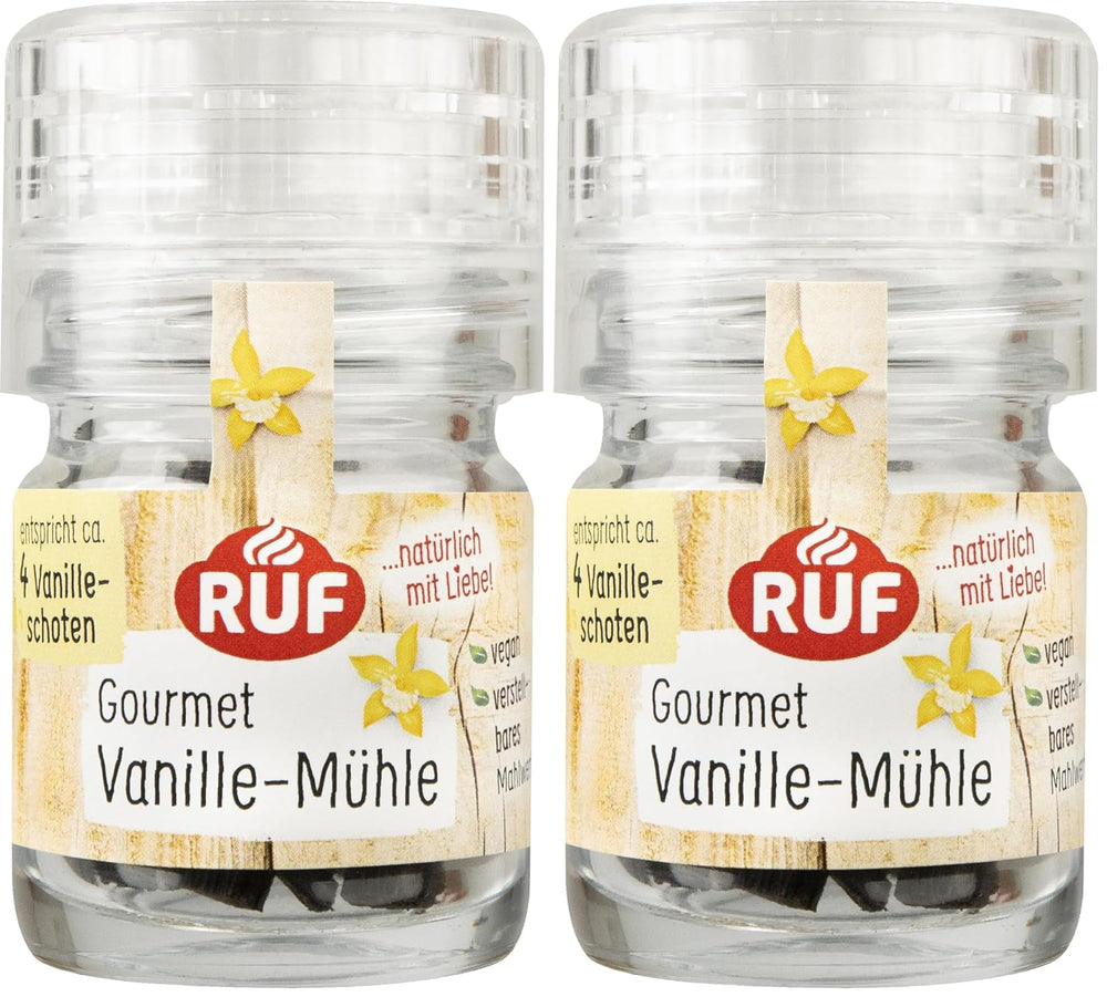 RUF Bio Bourbon Vanille-Mühle, Gewürz-Mühle aus aroma-sicherem Glas, Vegan, Verstellbares Mühlwerk, Vanilleschoten zum Backen und Kochen, 1 x 7,5 g