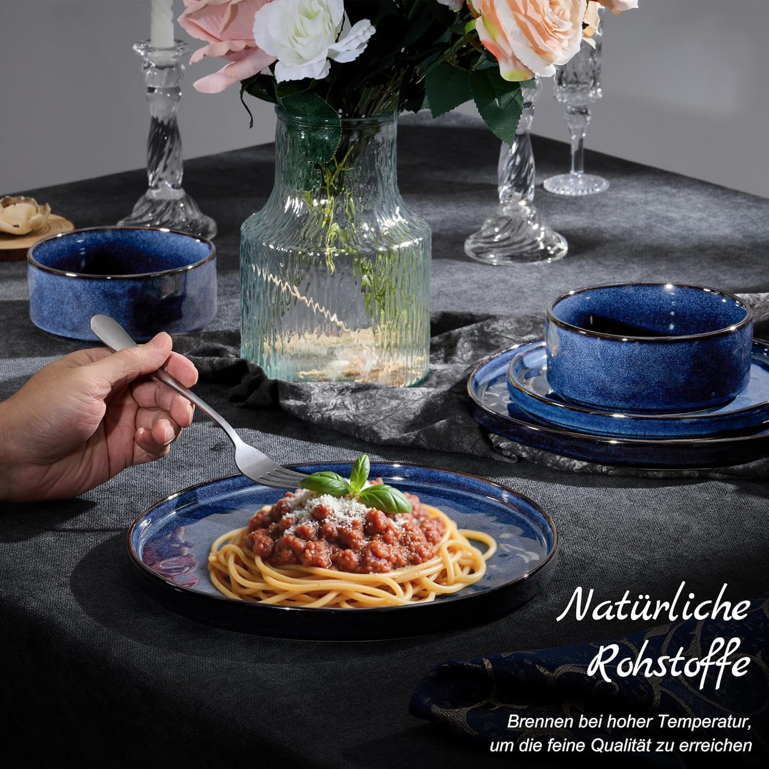 Homikit Service de table 12 pièces pour 4 personnes, service de table combiné avec assiettes, assiettes à dessert et bols à céréales, passe au micro-ondes et au lave-vaisselle, bleu élégant