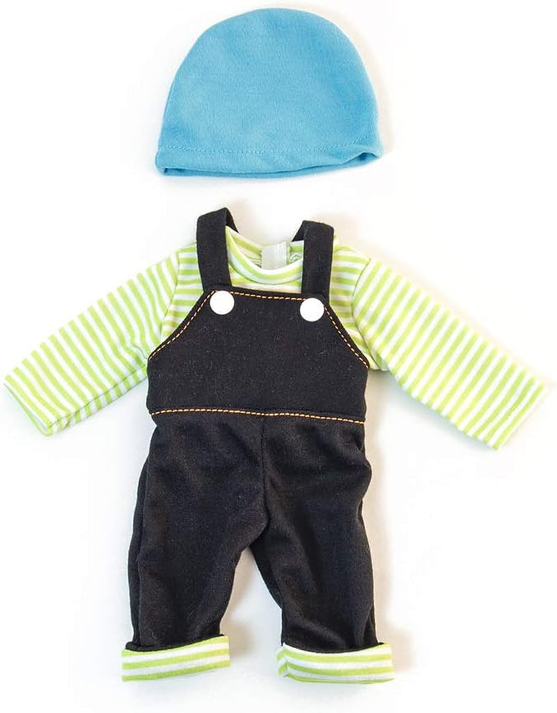 Miniland Set Puppenkleidung 32cm, girgeltes T-Shirt mit Latzhose und Mütze, Übergangszeit