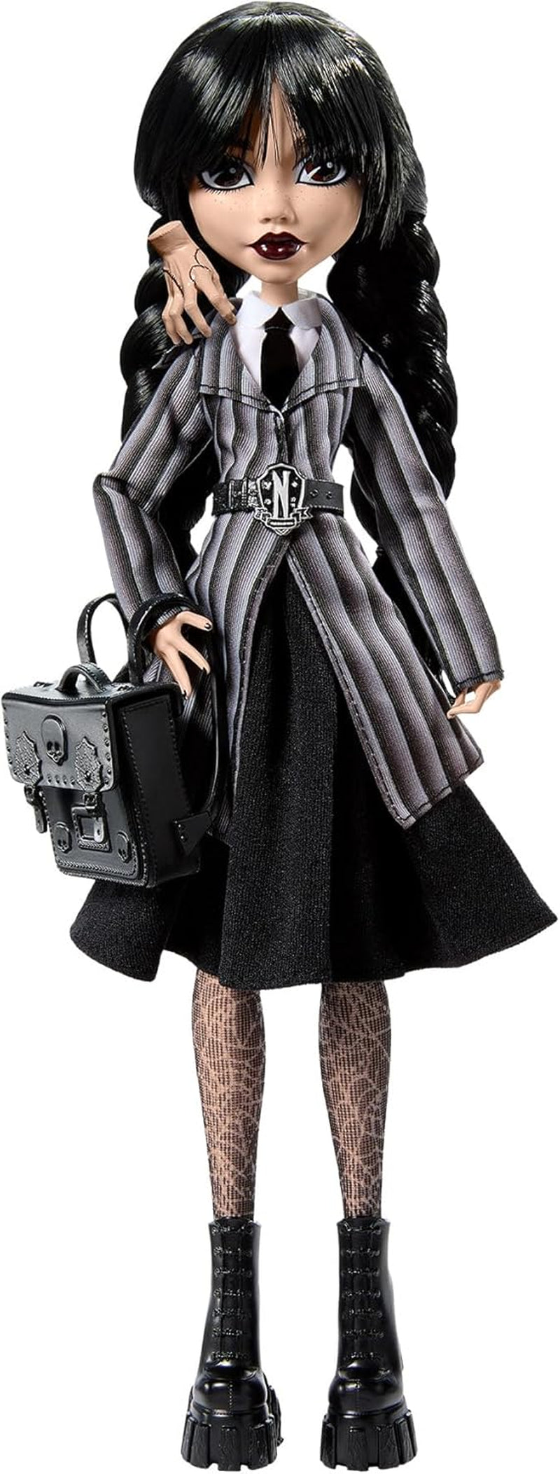 Monster High Wednesday Puppe et Accessoires, Wednesday Addams Sammelfigur in Nevermore Academy Uniform mit Eiskaltem Händchen und Rucksack, Puppenständer, HXJ04