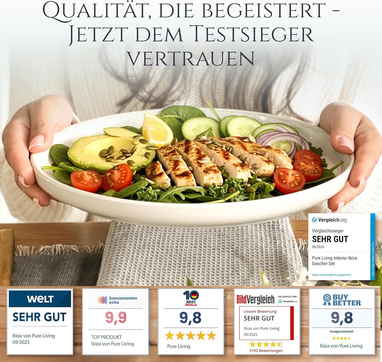 Service de vaisselle 48 pièces en grès céramique pour 12 personnes, design Ibiza, GAGNANT DU TEST. Un magnifique ensemble de vaisselle méditerranéenne en grès céramique comprenant des bols et des assiettes. Service de table Pure Living, beige.