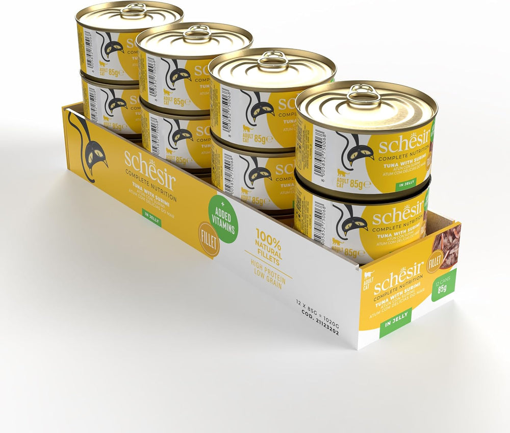 Ton cu surimi în gelatină, hrană umedă pentru pisici, la conservă, 100% naturală, cu adaos de vitamine, 12 x 85 g