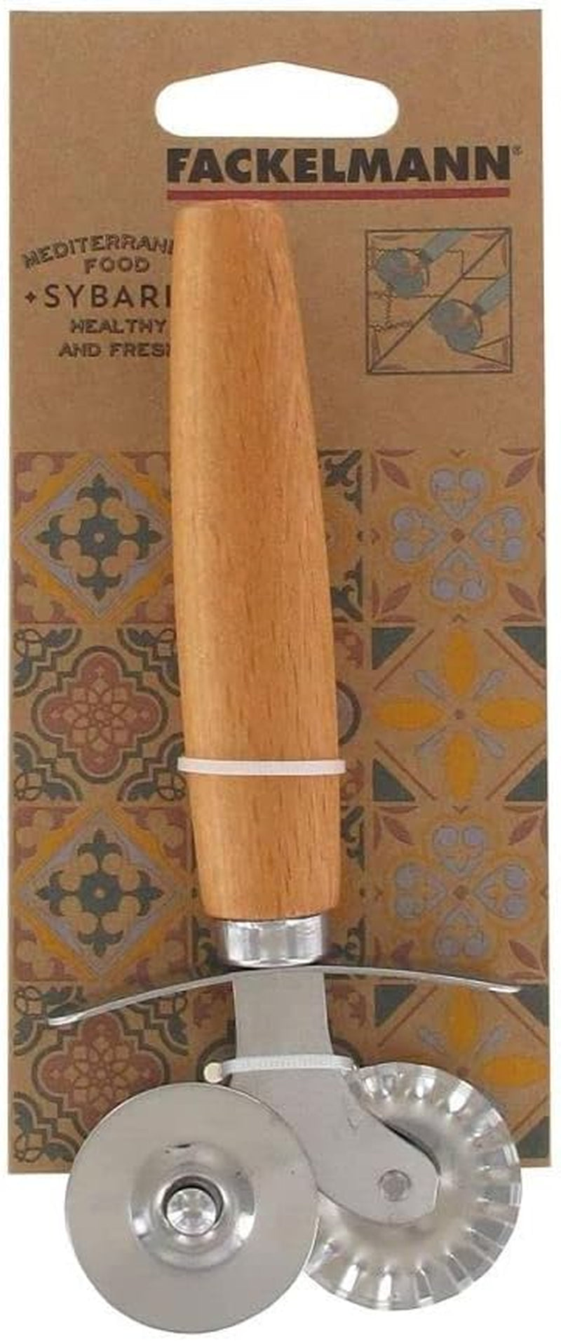 Fackelmann 40917 Rouleau à Pâtisserie, Roue à Ravioli en Acier Inoxydable pour Raviolis, Double Pointe, Acier Inoxydable, Bois, 16 cm