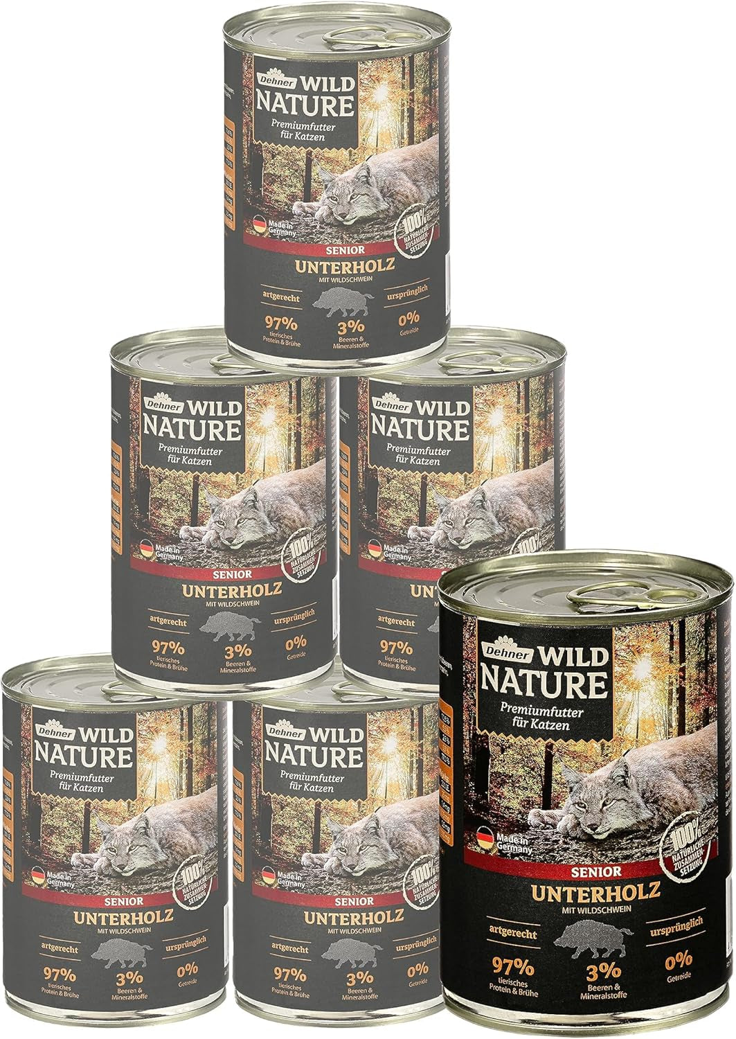 Dehner Wild Nature Katzenfutter Unterholz, Nassfutter getreidefrei / zuckerfrei, pour d'autres Katzen, Wildschwein, 6 x 400 g Dose, (2,4 kg)
