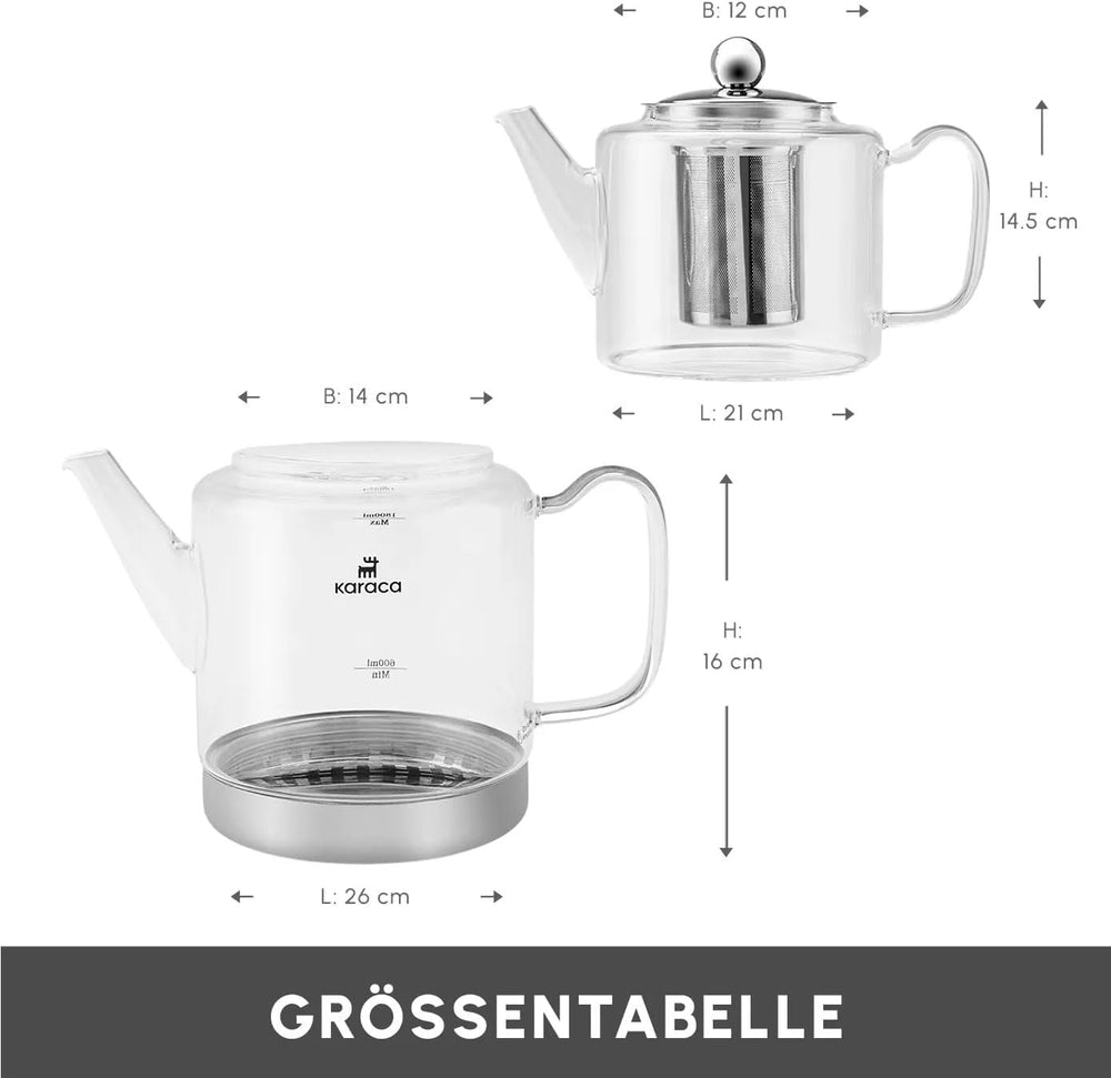 Karaca Dora Bouilloire en verre borosilicate avec infuseur à thé en acier inoxydable, bouilloire 2 L et bouilloire en verre 1 L avec infuseur, bouilloire turque, Caydanlik, machine à tisane turque, thé en vrac, XL