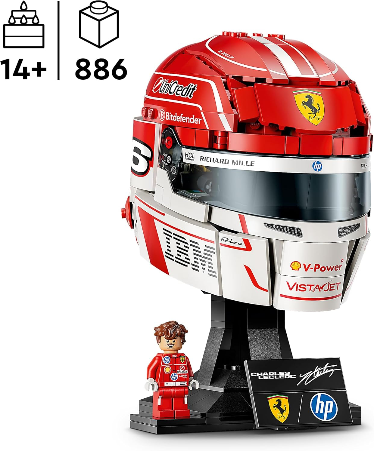 LEGO Editions Scuderia Ferrari HP Charles Leclerc Helm - F1 Merchandise - Ausstellungsmodell Bausatz mit sammelbarer Minifigur - Geschenk für Jungen ab 14 Jahren und Erwachsene Motorsportfans - 43014
