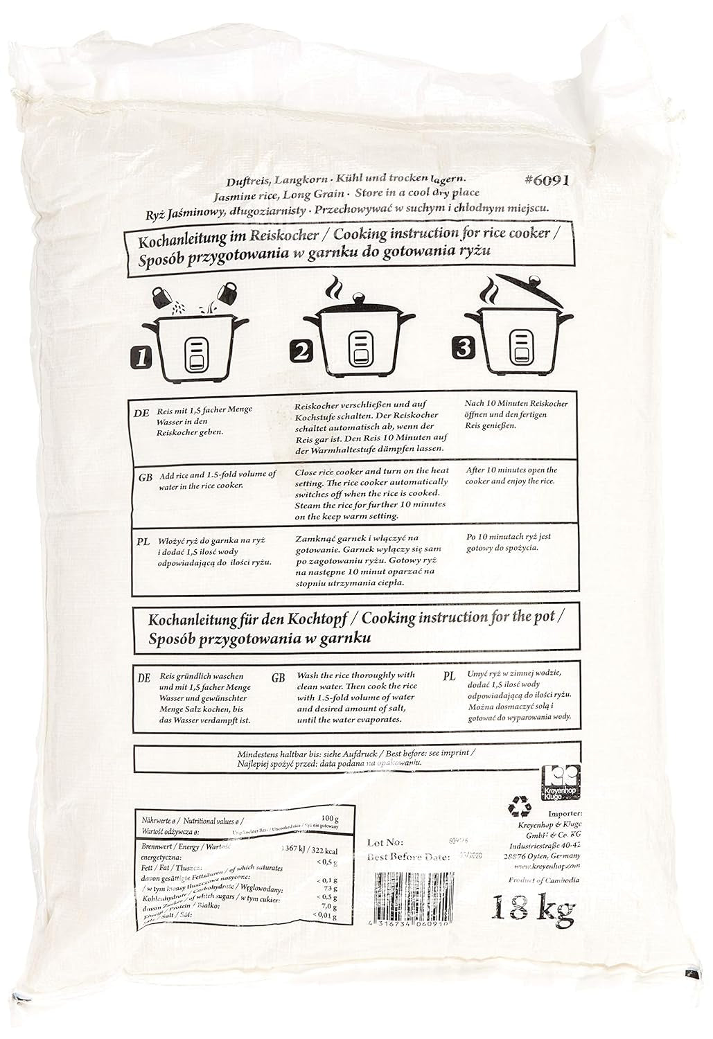 Riz parfumé/riz au jasmin, grain long, qualité AAA, 1 paquet (1 x 18 kg)