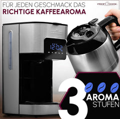 Cafetieră Profi Cook | 8-10 cești | Temporizator | Comenzi tactile cu senzor | Carafă termos cu pereți dubli de 1,2 litri | Sigiliu pentru aromă | Cafetieră cu filtru din oțel inoxidabil | PC-KA 1191